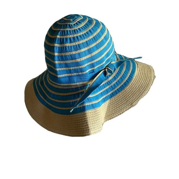 Tropical Trends Women's Blue Striped Beach Sun Hat - Picture 1 of 6